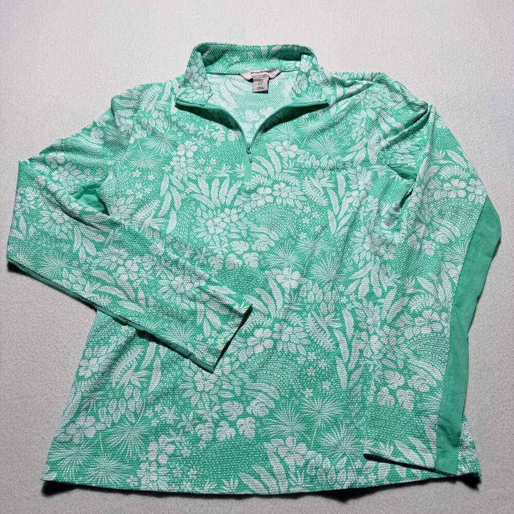 Tommy Bahama Light Green Textured Floral Quarter Zip Pullover Medium